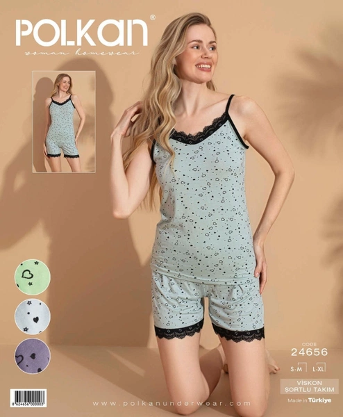 Gri Dantelli Viskon Şort Pijama Takım Polkan 24656