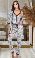 Gri Desenli Sabahlıklı Pijama Takımı İzabel SB-5010 Gri
