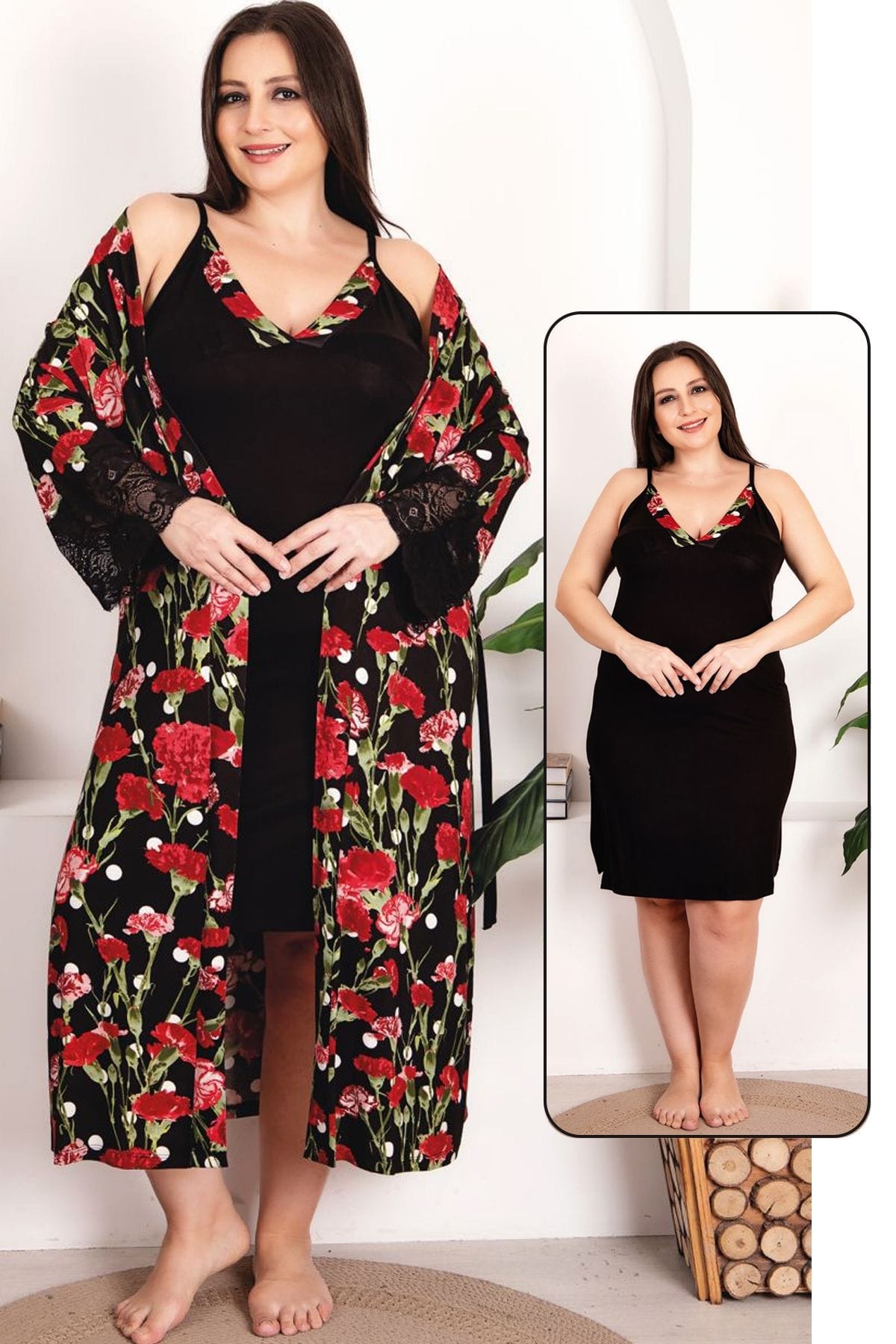 Gül Desen Viskon 2li Lüks Gecelik Sabahlık Takımı Lady 19224