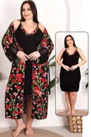 Gül Desen Viskon 2li Lüks Gecelik Sabahlık Takımı Lady 19224 Siyah