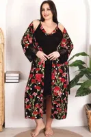 Gül Desen Viskon 2li Lüks Gecelik Sabahlık Takımı Lady 19224 Siyah görsel 4