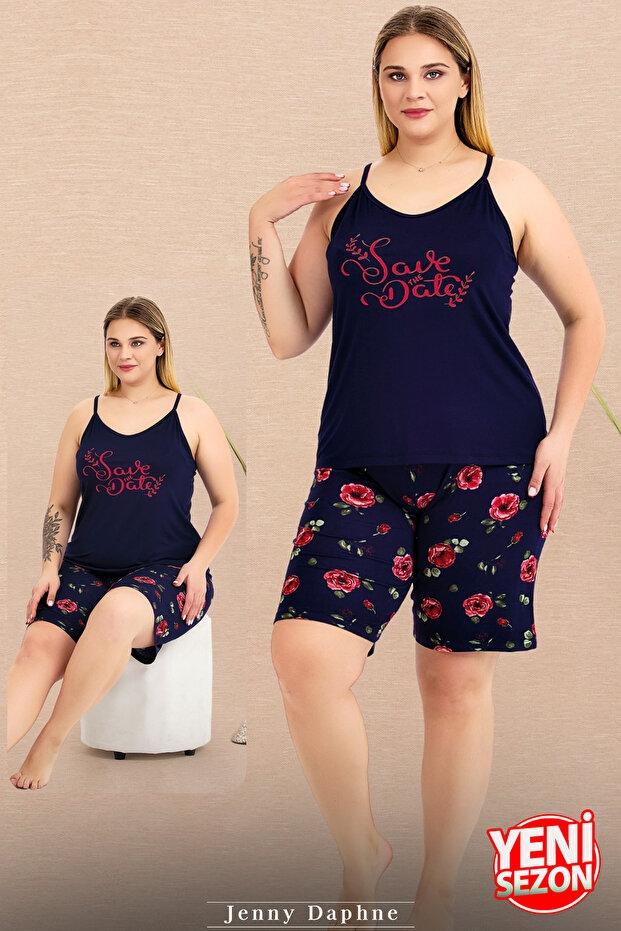 Gül Desenli İnce Askılı Şortlu Büyük Beden Pijama Takımı  Lady 10443