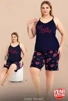 Gül Desenli İnce Askılı Şortlu Büyük Beden Pijama Takımı  Lady 10443 Lacivert