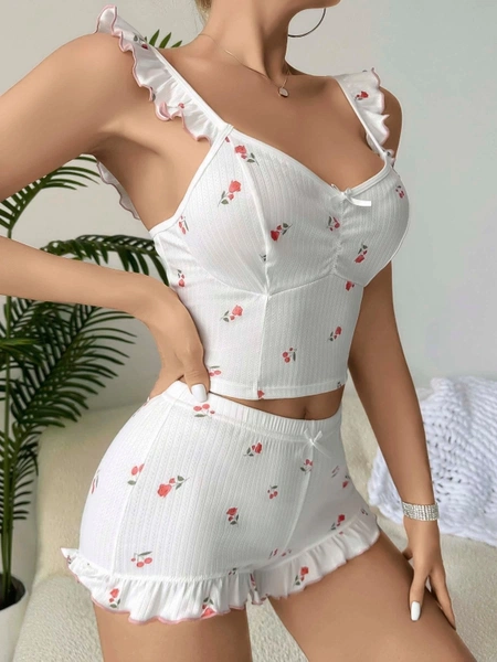 Gül Kiraz Desenli Şortlu Kadın Pijama Takımı Ruselin 5112