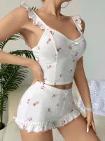Gül Kiraz Desenli Şortlu Kadın Pijama Takımı Ruselin 5112 Beyaz