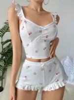 Gül Kiraz Desenli Şortlu Kadın Pijama Takımı Ruselin 5112 Beyaz detay görünüm