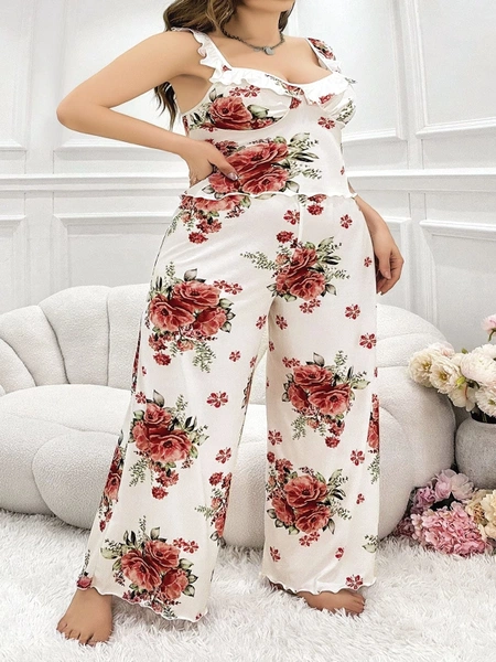 Güllü Çiçekli Desenli Beyaz Askılı Büyük Beden Kadın Pijama Takım Pink Night 6901