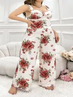 Güllü Çiçekli Desenli Beyaz Askılı Büyük Beden Kadın Pijama Takım Pink Night 6901 Beyaz