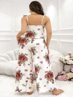Güllü Çiçekli Desenli Beyaz Askılı Büyük Beden Kadın Pijama Takım Pink Night 6901 Beyaz detay görünüm
