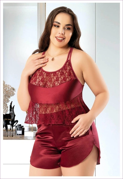 Halter Yaka Dantelli Büyük Beden İnce Askılı Saten Şort Pijama Takım Miss Laris 4240