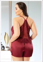 Halter Yaka Dantelli Büyük Beden İnce Askılı Saten Şort Pijama Takım Miss Laris 4240 Bordo detay görünüm