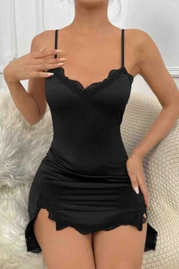 İki Taraf Yırtmaçlı Askılı Şık Gecelik Merry See MS 2372 Siyah