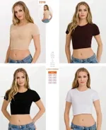Yarım Kollu Likralı Kadın T-Shirt Crop İlke 2318 Bej