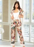 İnce Askılı Büstiyer Kısa Kollu Sabahlık Pijama Takım Miss Laris 5024 Bej