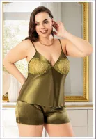 İnce Askılı Büyük Beden Dantelli Saten Şort Pijama Takım Miss Laris 4230 Yeşil