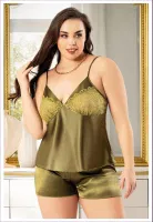 İnce Askılı Büyük Beden Dantelli Saten Şort Pijama Takım Miss Laris 4230 Yeşil detay görünüm