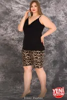 İnce Askılı Büyük Beden Leopar Desenli Şortlu Pijama Takımı Lady 10421 Siyah
