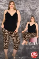 İnce Askılı Büyük Beden Leopar Desenli Viskon Kapri Pijama Takımı Lady 10712 Siyah