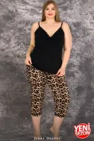 İnce Askılı Büyük Beden Leopar Desenli Viskon Kapri Pijama Takımı Lady 10712 Siyah detay görünüm