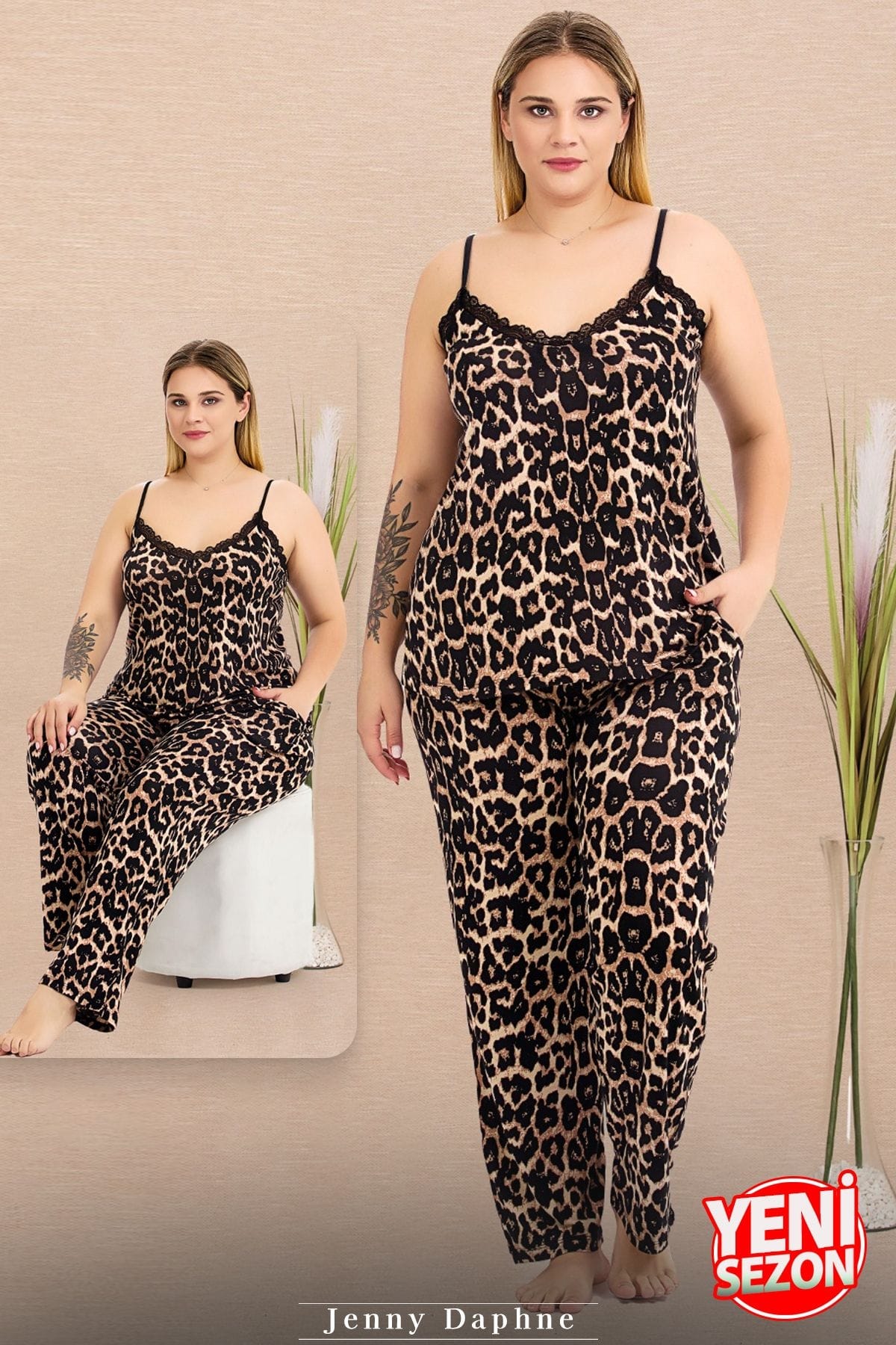 İnce Askılı Cepli Büyük Beden Leopar Desenli Pijama Takımı Lady 11026