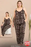 İnce Askılı Cepli Büyük Beden Leopar Desenli Pijama Takımı Lady 11026  Siyah