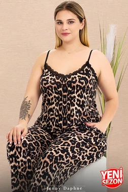 Lady İnce Askılı Cepli Büyük Beden Leopar Desenli Pijama Takımı Lady 11026  - Alternatif Görünüm