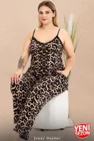 İnce Askılı Cepli Büyük Beden Leopar Desenli Pijama Takımı Lady 11026  Siyah farklı açı