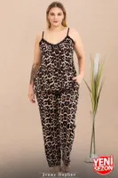 İnce Askılı Cepli Büyük Beden Leopar Desenli Pijama Takımı Lady 11026  Siyah görsel 4