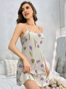 Ruselin İnce Askılı Çiçek Desenli Kısa Kadın Gecelik Ruselin 5109 - Alternatif Görünüm