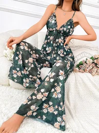 Pink Night İnce Askılı Çiçekli Transparan Pantalon Pijama Takımı Pink Night 1456