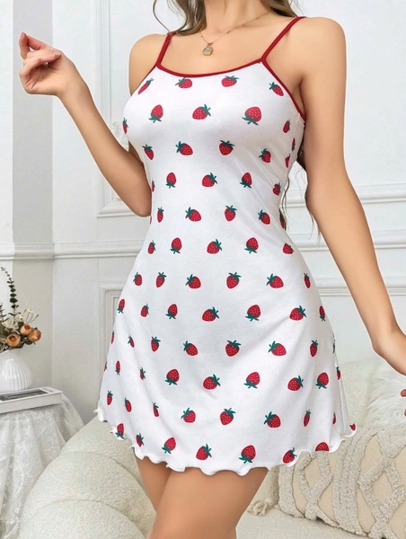 İnce Askılı Çilekli Penye Kadın Kısa Gecelik Lily Bianca 13056