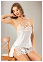 İnce Askılı Dantel Yırtmaçlı Saten Şort Pijama Takımı Miss Laris 3129 Ekru