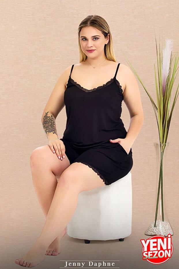 İnce Askılı Dantelli Şortlu Büyük Beden Pijama Takımı  Lady 10445
