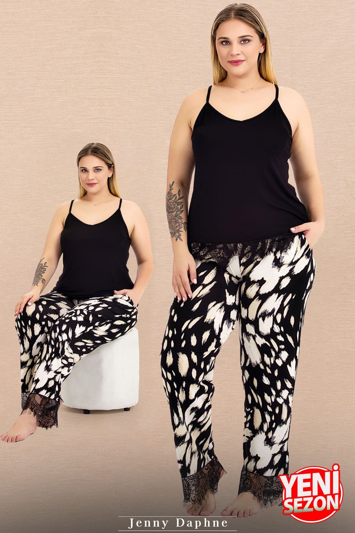 İnce Askılı Desenli Dantelli Büyük Beden Pijama Takımı Lady 10983