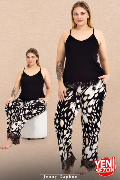 İnce Askılı Desenli Dantelli Büyük Beden Pijama Takımı Lady 10983
