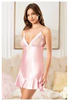 İnce Askılı Fırfırlı Kısa Kadın Saten Gecelik Miss Laris 2112 Pembe