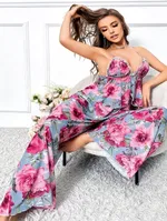 İnce Askılı Geniş Kesim Çiçek Desenli Büyük Beden Pijama Takımı Pink Night 6957 Pembe