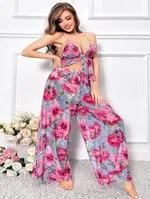 İnce Askılı Geniş Kesim Çiçek Desenli Büyük Beden Pijama Takımı Pink Night 6957 Pembe detay görünüm