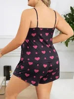 İnce Askılı Kalpli Büyük Beden Penye Şortlu Pijama Takımı Lily Bianca 13076 Lacivert detay görünüm