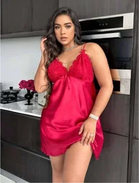 Real Passione İnce Askılı Mini Büyük Beden Seksi Saten Kırmızı Gecelik Real Passione 11006