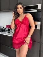 İnce Askılı Mini Büyük Beden Seksi Saten Kırmızı Gecelik Real Passione 11006 Kırmızı