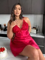 İnce Askılı Mini Büyük Beden Seksi Saten Kırmızı Gecelik Real Passione 11006 Kırmızı detay görünüm