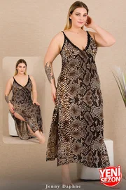 Lady İnce Askılı Yılan Desenli Yırtmaçlı Büyük Beden Uzun Elbise Lady 7285