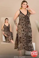 İnce Askılı Yılan Desenli Yırtmaçlı Büyük Beden Uzun Elbise Lady 7285 Siyah