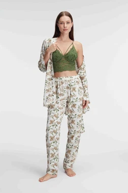 Anıl İp Askılı V Yaka Kadın Çiçek Desenli Yazlık Dokuma Dantel Detaylı Pijama Takımı Sabahlık Anıl 5829