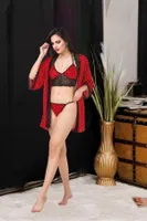 İpeksi Bralet Tanga Sabahlık Takım İzabel 0904 Kırmızı detay görünüm