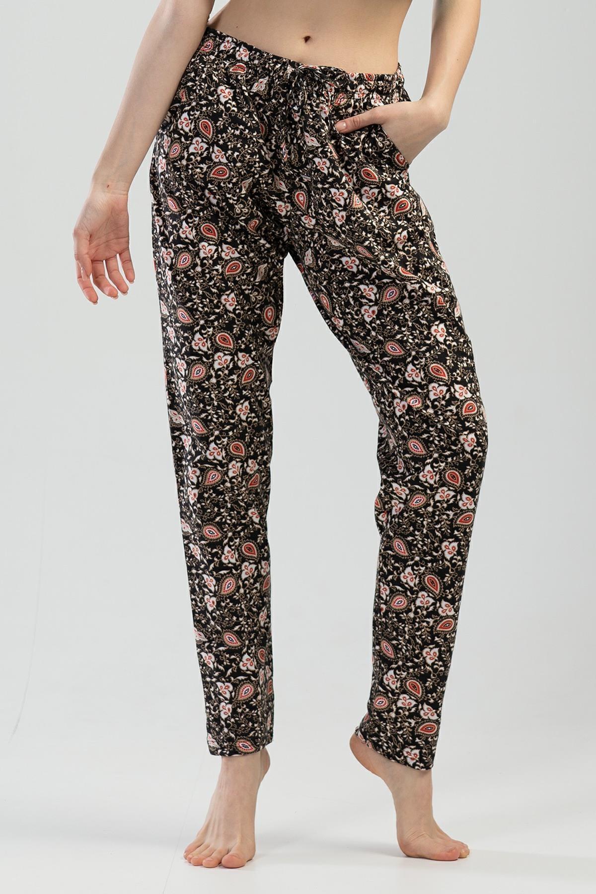 Kadın Pijama Altı Siyah Çiçekli Paisley Desenli Cepli Vienetta K111529