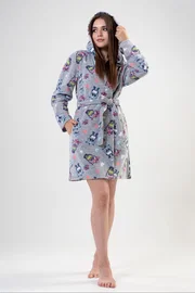 Vienetta Kadın Polar Sabahlık Kapüşonlu Kısa Boy Gri Melanj Robot Desenli Vienetta K201008