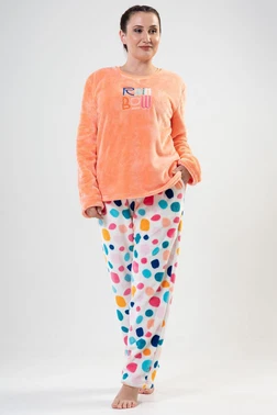 Vienetta Kadın Polar Pijama Takımı Turuncu Üst Renkli Puantiye Alt Vienetta Softpure K202110