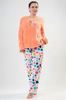 Kadın Polar Pijama Takımı Turuncu Üst Renkli Puantiye Alt Vienetta Softpure K202110